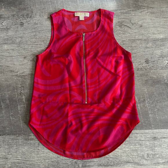 Michael Kors Sleeveless Zipper Top Womens XS Pink Red Abstract Career Blouse - Picture 1 of 4